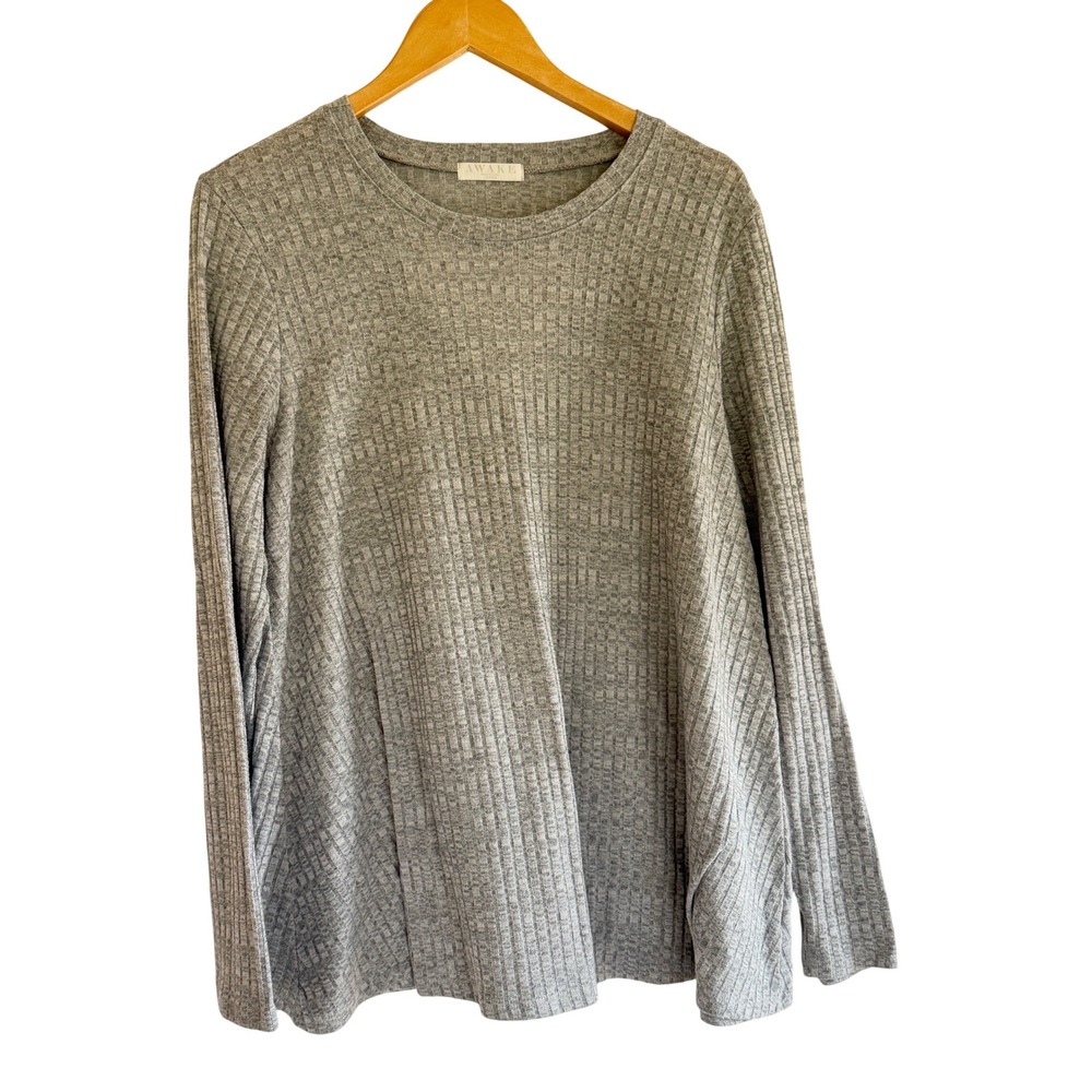 Awake‎ Womens Heather Grey Ribbed Knit Back Keyhole Swing Top Large Long Sleeve